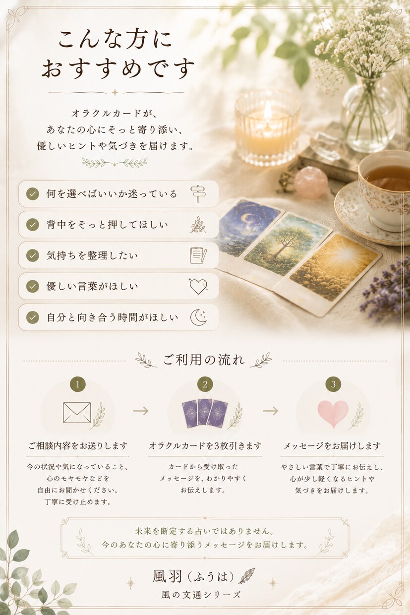 オラクルカードで心に風を届けます 悩んだ時、迷った時、心にそっと風を届けます。 イメージ3