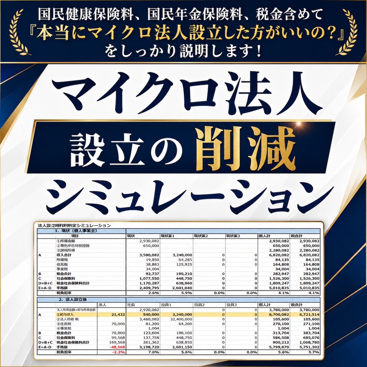 マイクロ法人設立の削減シミュレーションをします マイクロ法人専門税理士が国保・年金・税金の削減額を試算 イメージ1