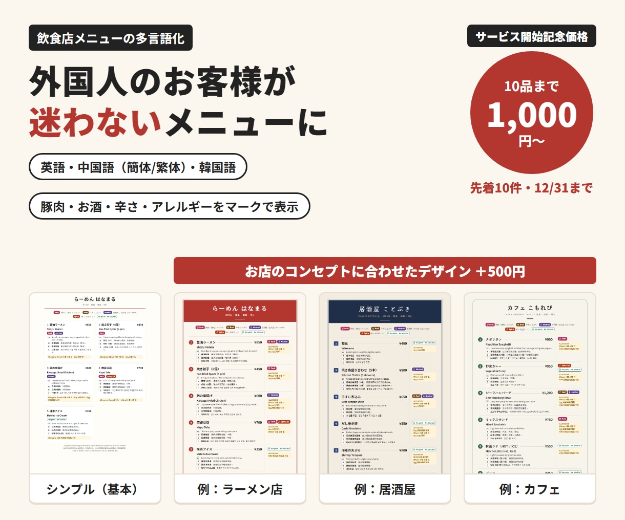 飲食店メニューを英・中・韓の4表記で作成します 12月末まで開始記念価格！豚肉・アレルギーもマーク表示 イメージ1