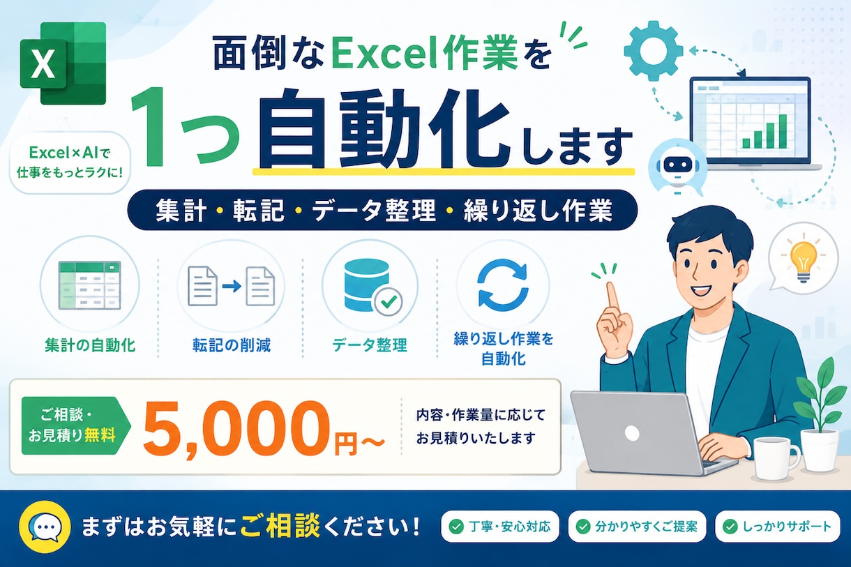Excelの面倒な作業を1つ自動化します 集計・転記・データ整理など、繰り返し作業をラクにします イメージ1