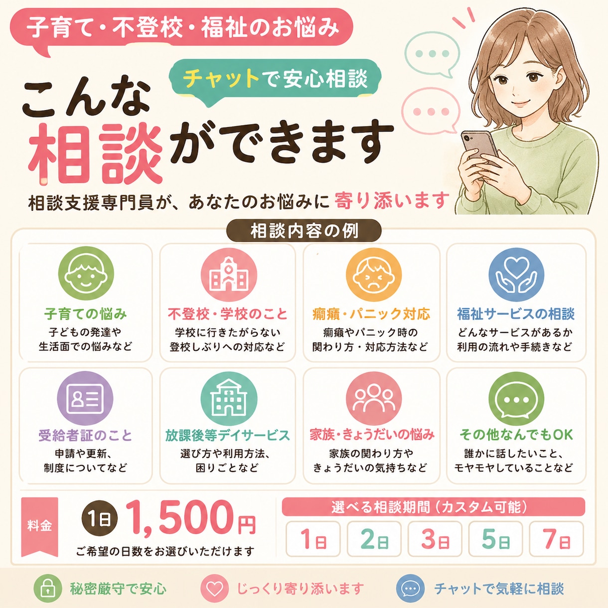 福祉や子育てのお悩みをチャットで相談できます 相談支援専門員が、あなたのお悩みを一緒に整理します イメージ2