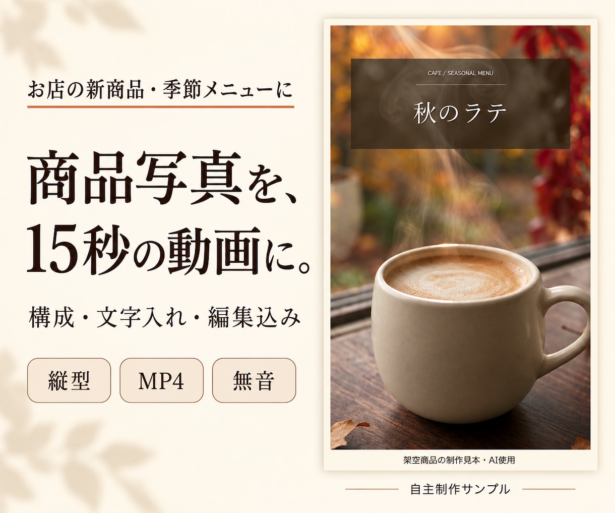 商品写真で15秒の縦型動画広告を制作します 新商品・季節メニューの告知に。構成と文字入れ込み イメージ1