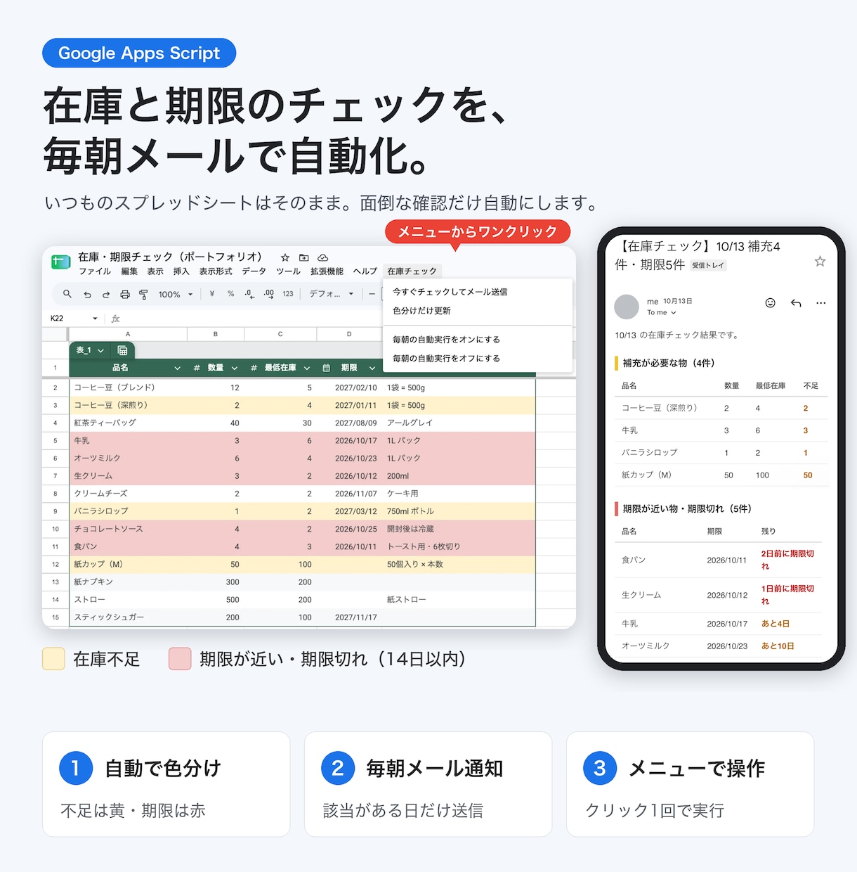 スプレッドシートの在庫・期限確認を自動化します いつもの表はそのままで、毎日の確認だけを自動にします イメージ2