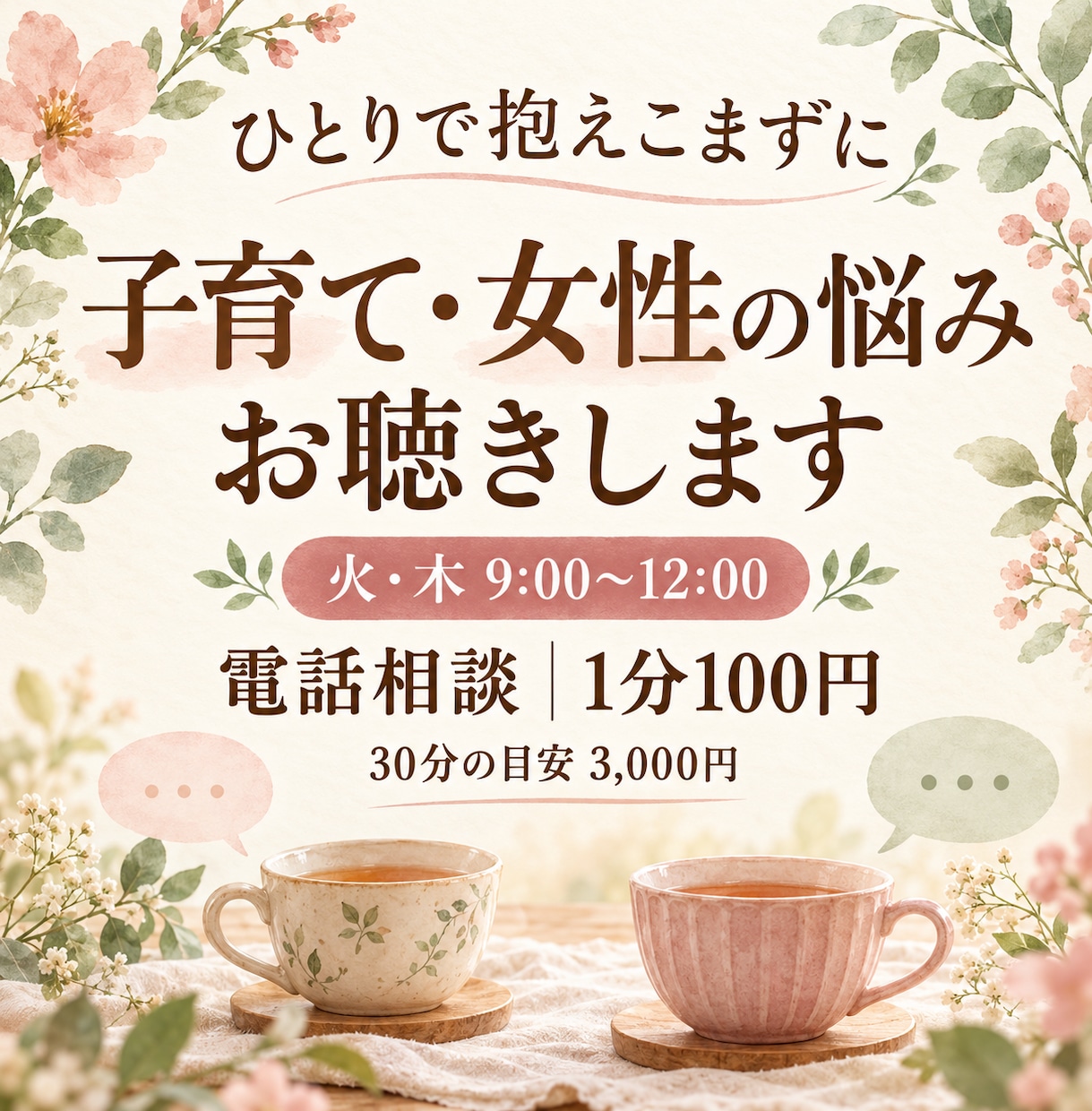子育て・女性の悩みをやさしくお聴きします 火・木の午前中、ひとりで抱えた気持ちを話しませんか イメージ1