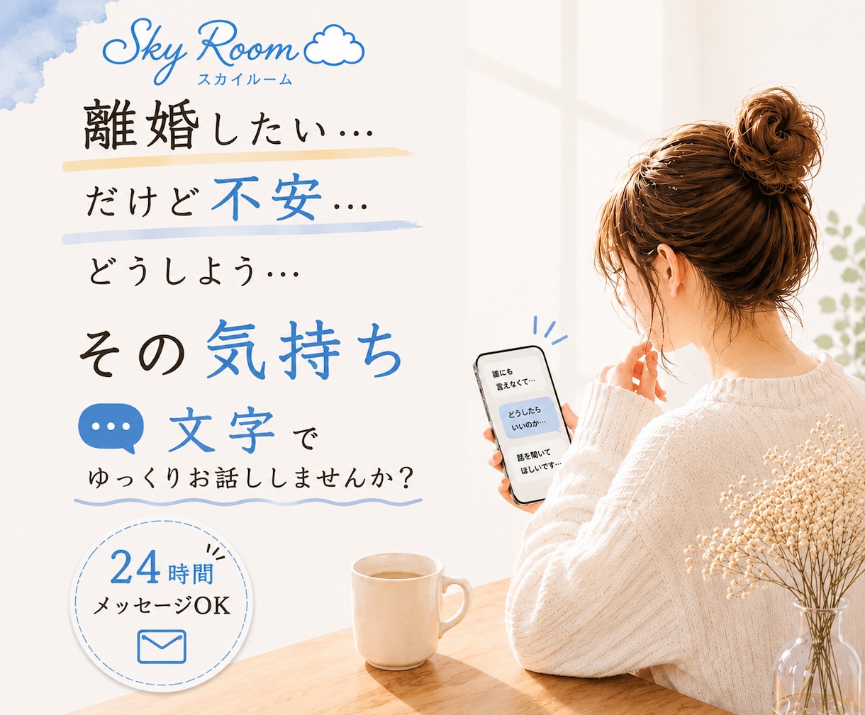離婚・別居を迷っている方のお話をお聞きします 話すのが苦手でも大丈夫。文字でゆっくり気持ちを整理しませんか イメージ1