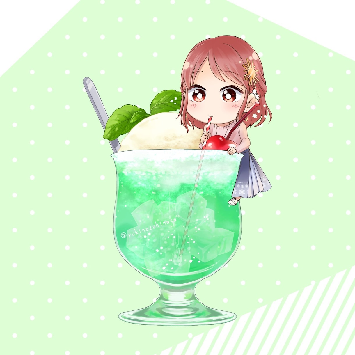 量産イラスト:クリームソーダを飲むイラスト描きます グッズにもオススメ！クリームソーダを飲む可愛いSDイラスト イメージ5