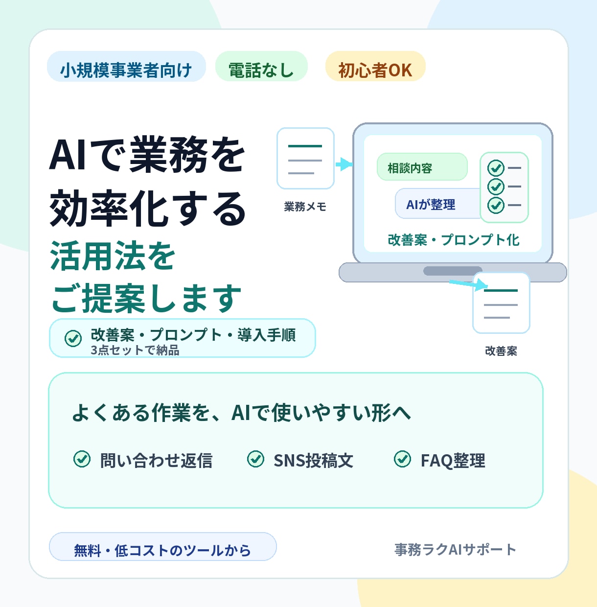 AIで業務を効率化する活用法をご提案します 小規模事業者向けに改善案とプロンプトを作成します イメージ1