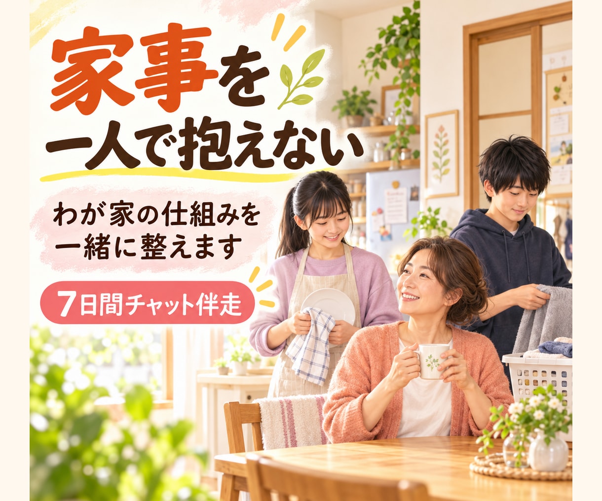 家事を一人で抱えない仕組みを一緒に整えます 今やる・やらない・家族に任せる家事を7日間チャットで整理 イメージ1