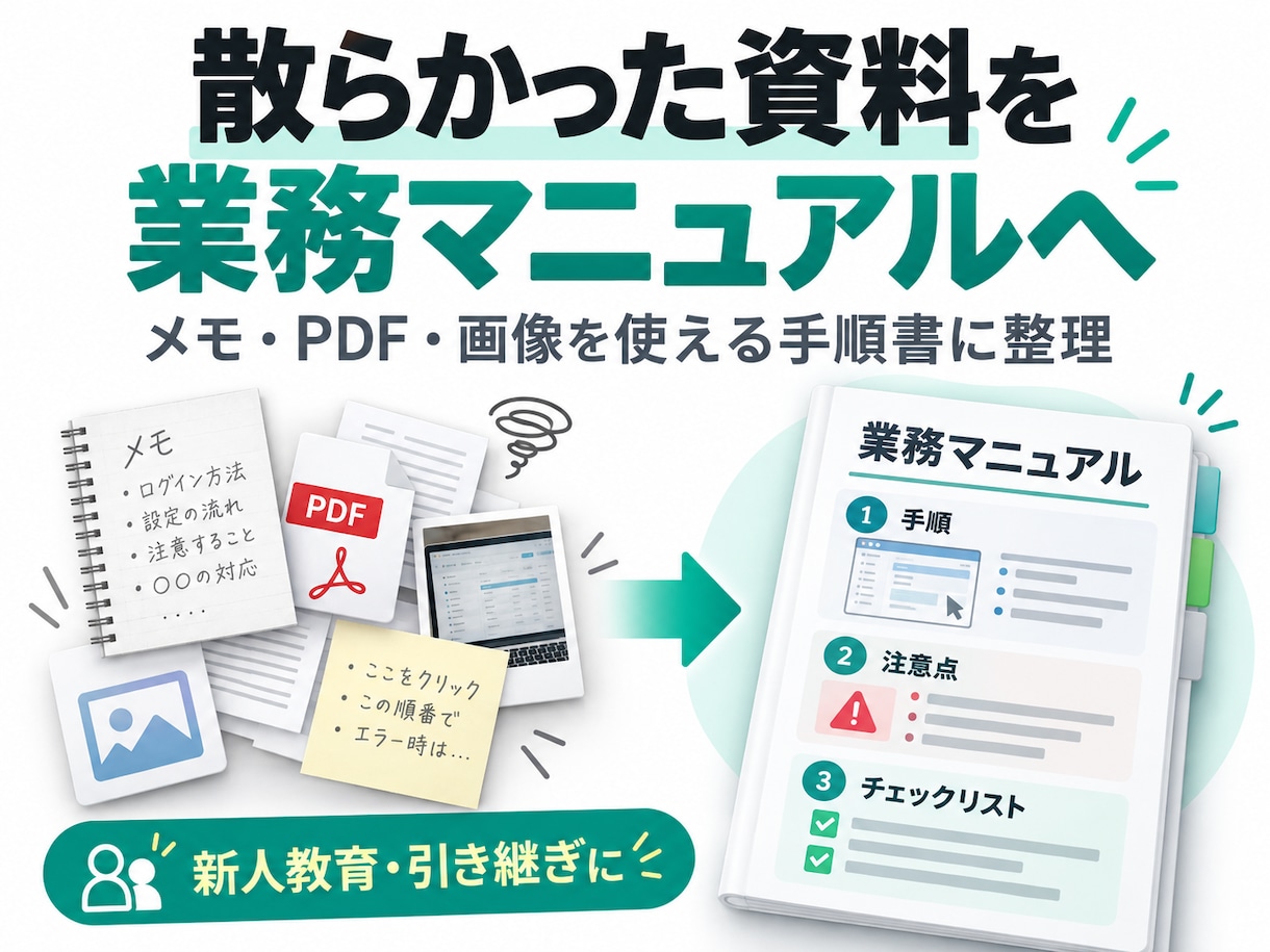 散らかった資料から業務マニュアルを作りますます メモ・PDF・画像を使える手順書に整理します イメージ1
