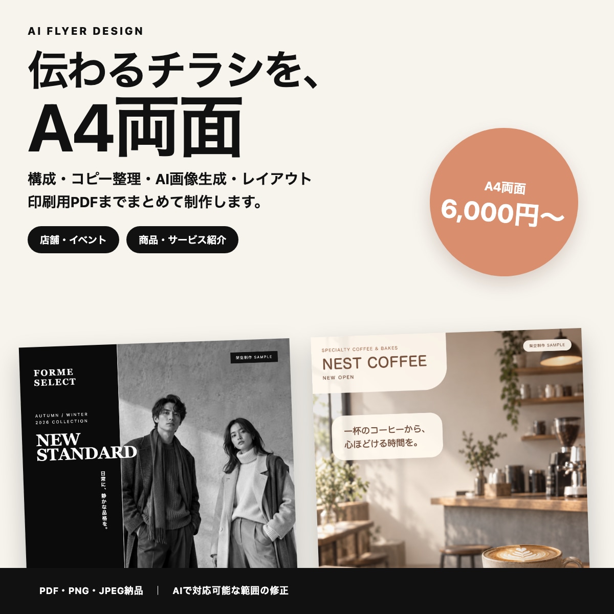 AIを活用してA4両面チラシを制作します 構成・コピー整理から印刷用PDFまで6,000円〜で対応 イメージ1