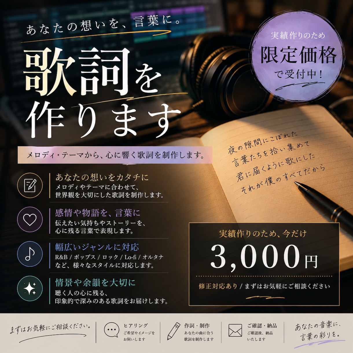 あなたの楽曲に作詞いたします 実績作りのため、現在限定価格で10件まで作詞を承ります。 イメージ1