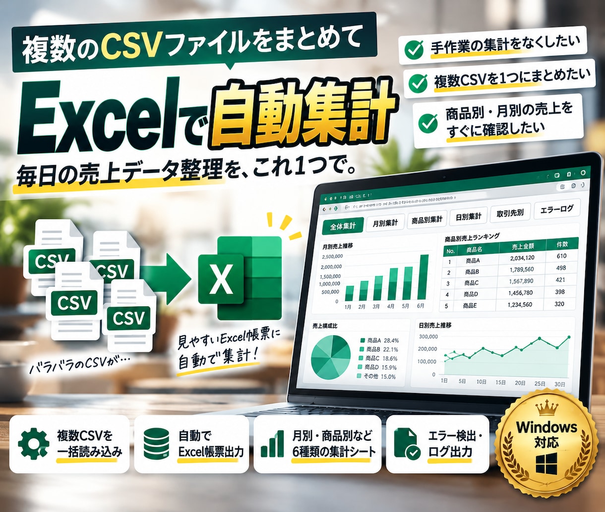 CSV売上データの集計を自動化します 複数CSVをまとめてExcel帳票に！ イメージ1