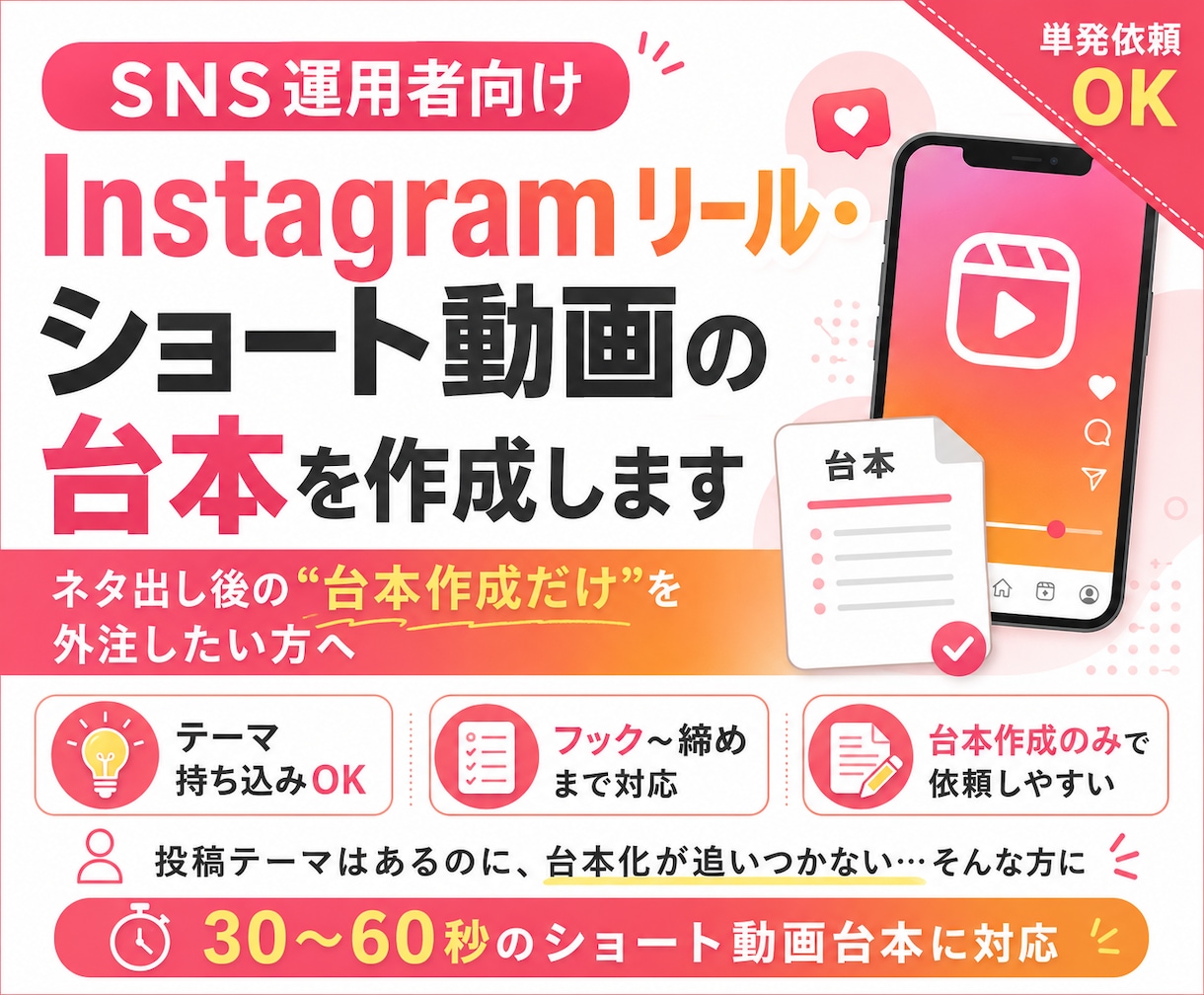 SNS運用者向け｜投稿・ショートの台本を作成します ネタ出し後の“台本作成だけ”を外注したいSNS運用者さま向け イメージ1