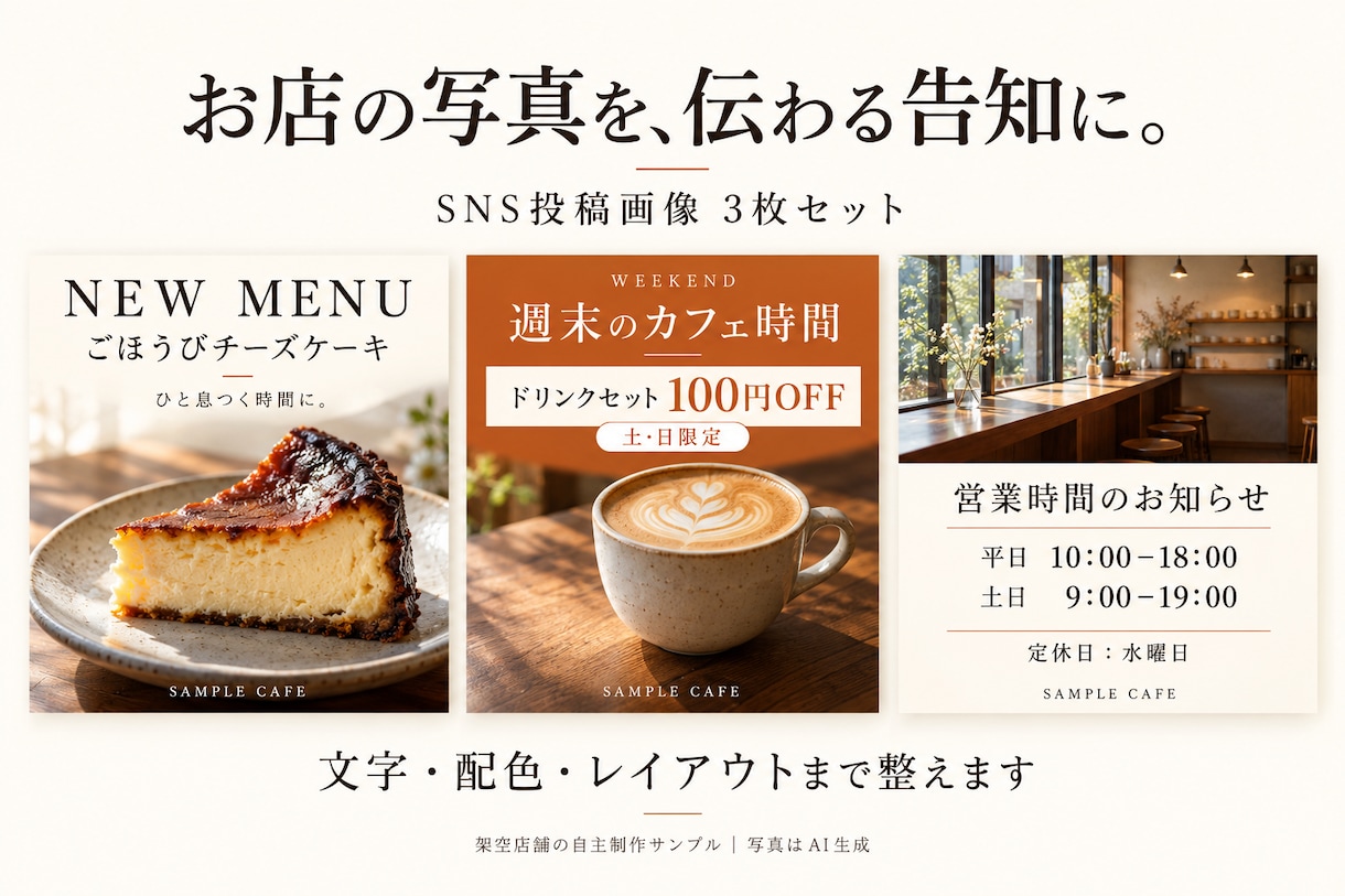 お店の写真でSNS告知画像を3枚作ります 新商品やキャンペーンを、見やすく伝わる一枚に イメージ1