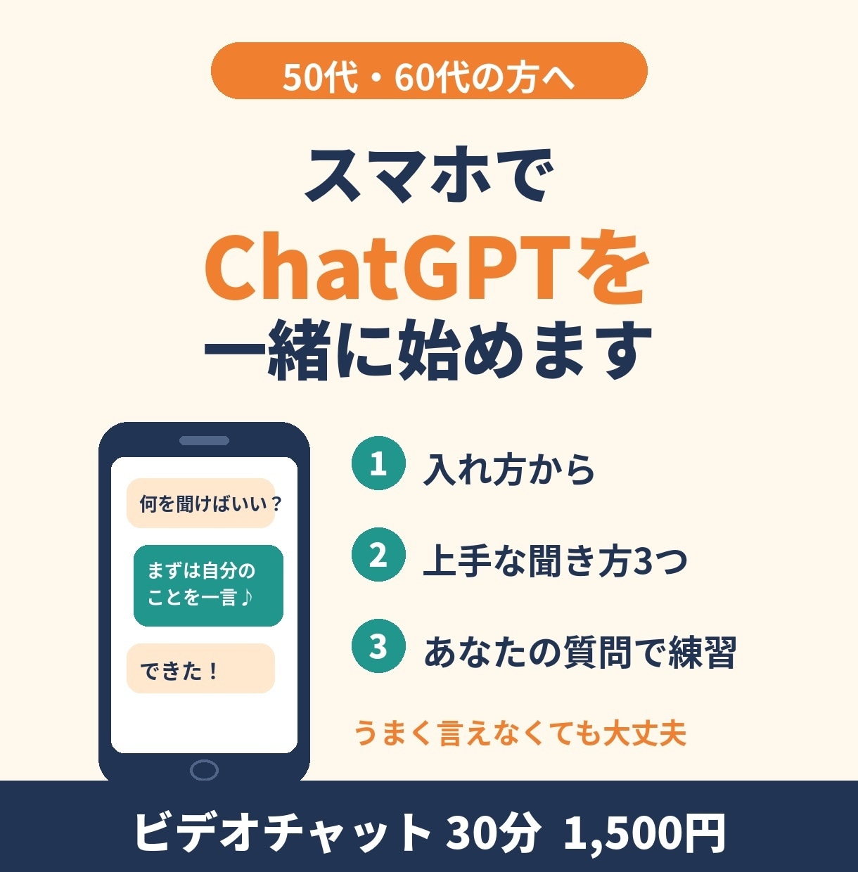 50代から、スマホでChatGPTを一緒に始めます うまく説明できなくても大丈夫。横で一緒にやります イメージ1