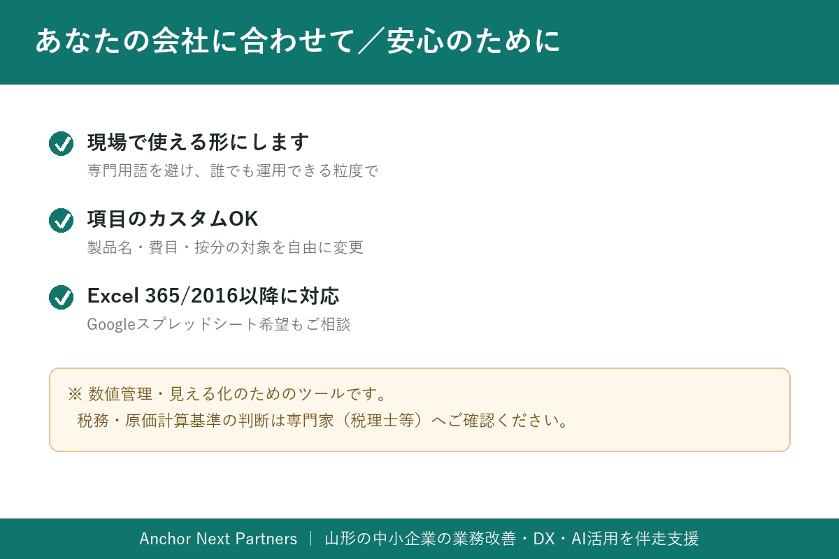 製造業｜製品別の原価・粗利Excel作成します 材料費＋加工費＋共通費の按分でフル原価を自動計算 イメージ6