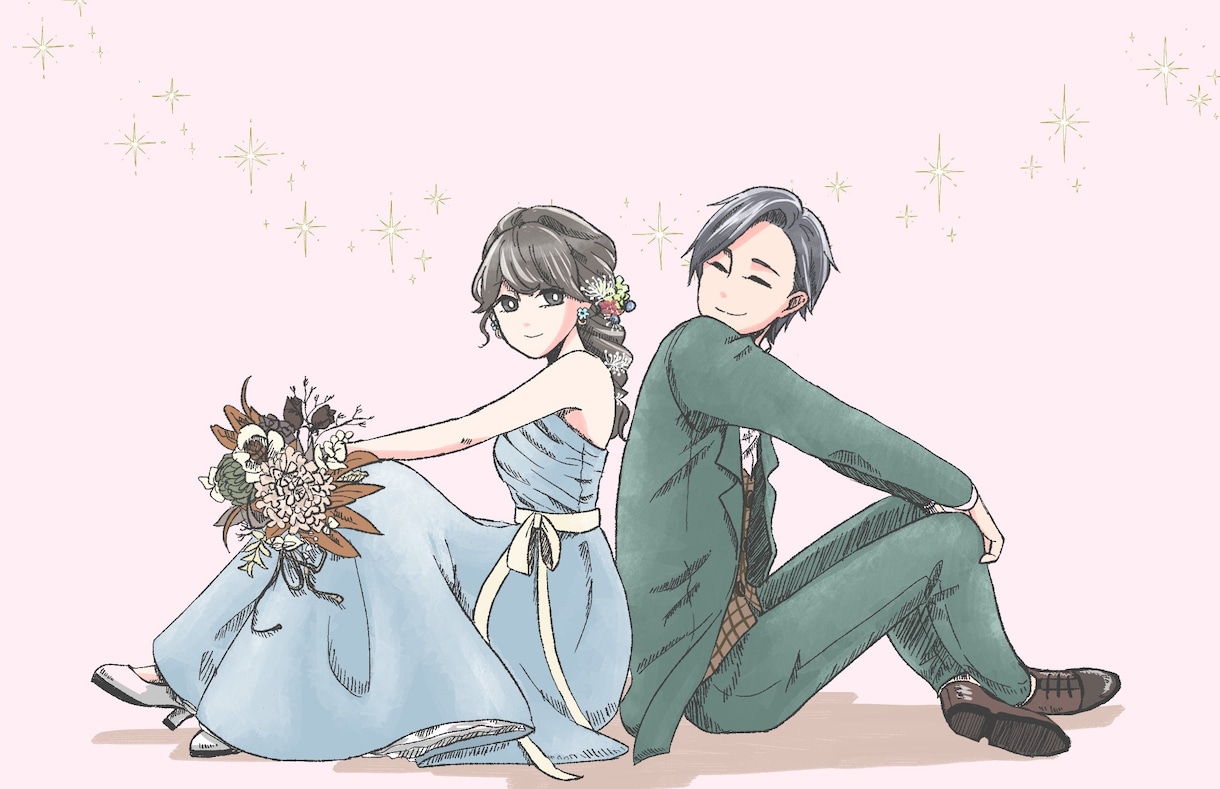 絵本のような記念日似顔絵イラストを描きます 家族や恋人、友人のプレゼント等に♪切り抜いてアイコンにも◎ イメージ6