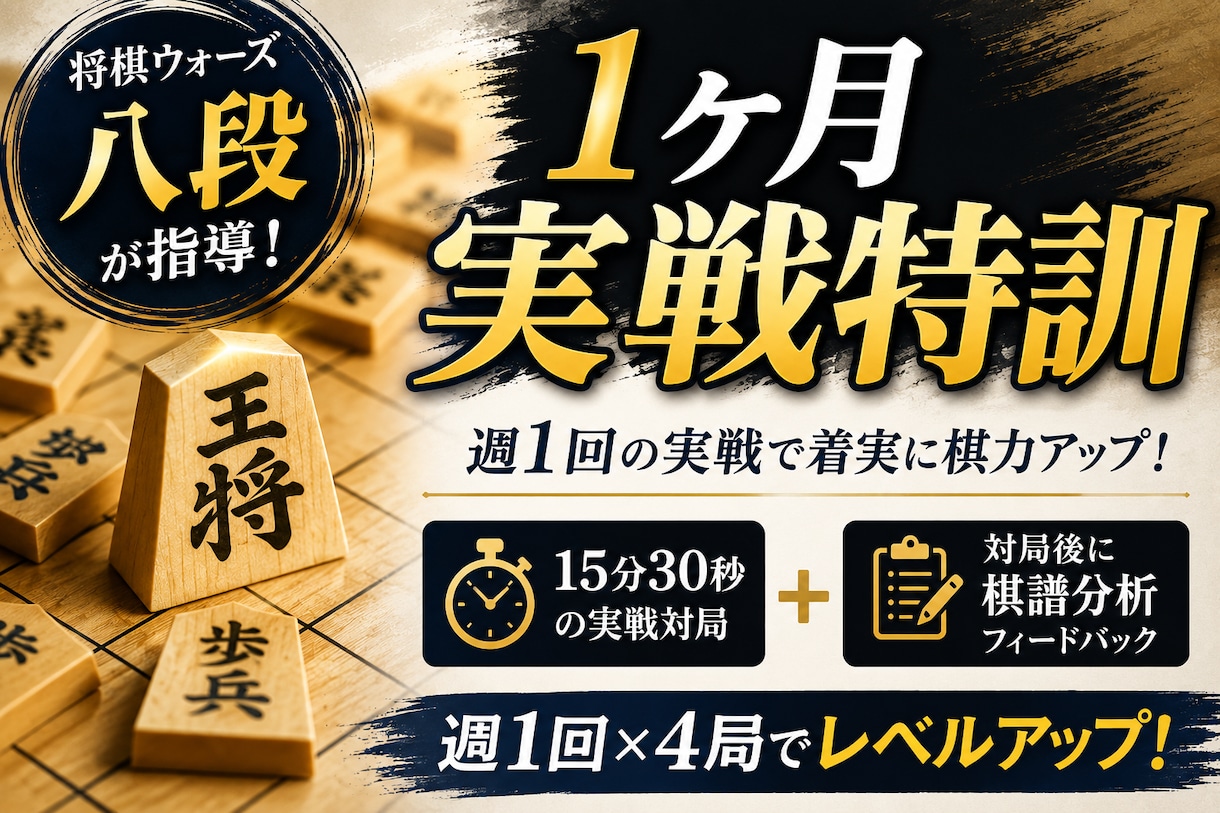 将棋ウォーズ八段が月4回お手軽将棋コーチングします 週1回の実戦指導で弱点を改善し、勝てる力を身につけます イメージ1