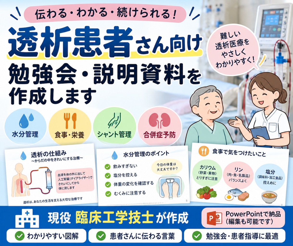 透析患者さん向けの勉強会・説明資料を作成します 現役の臨床工学技士が、“患者さんに伝わる言葉”で作ります イメージ1