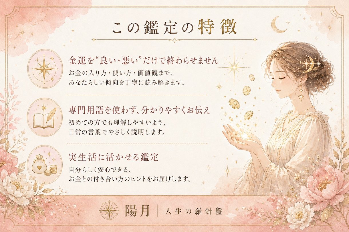 あなたの金運とお金との付き合い方を占います お金の価値観・使い方・貯め方・活かし方を丁寧に鑑定 イメージ3