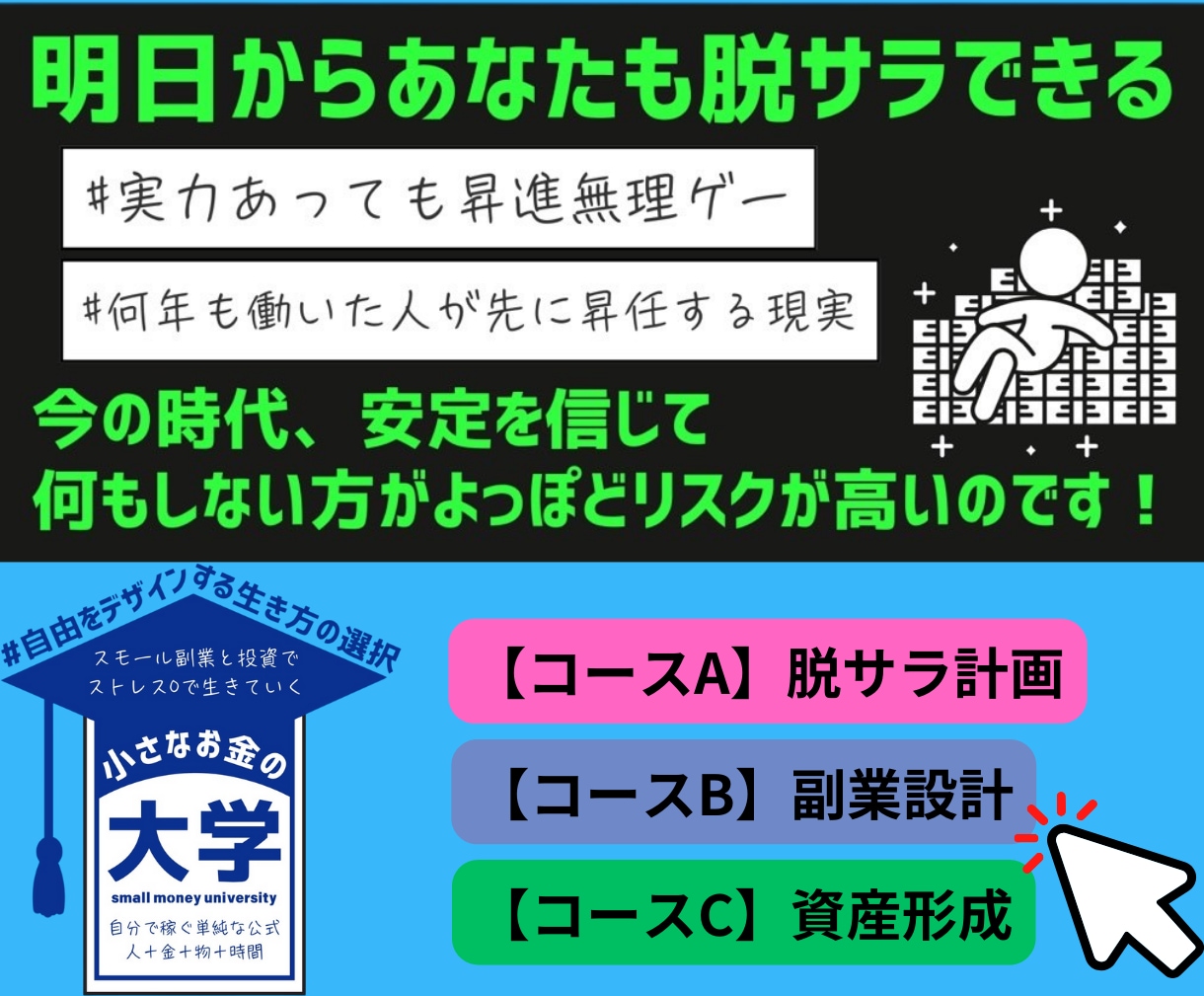 小さなお金の大学【新・脱サラの形】副業＆投資します 自分で稼ぐ単純な公式:人+金+時間＝自由実現 イメージ1