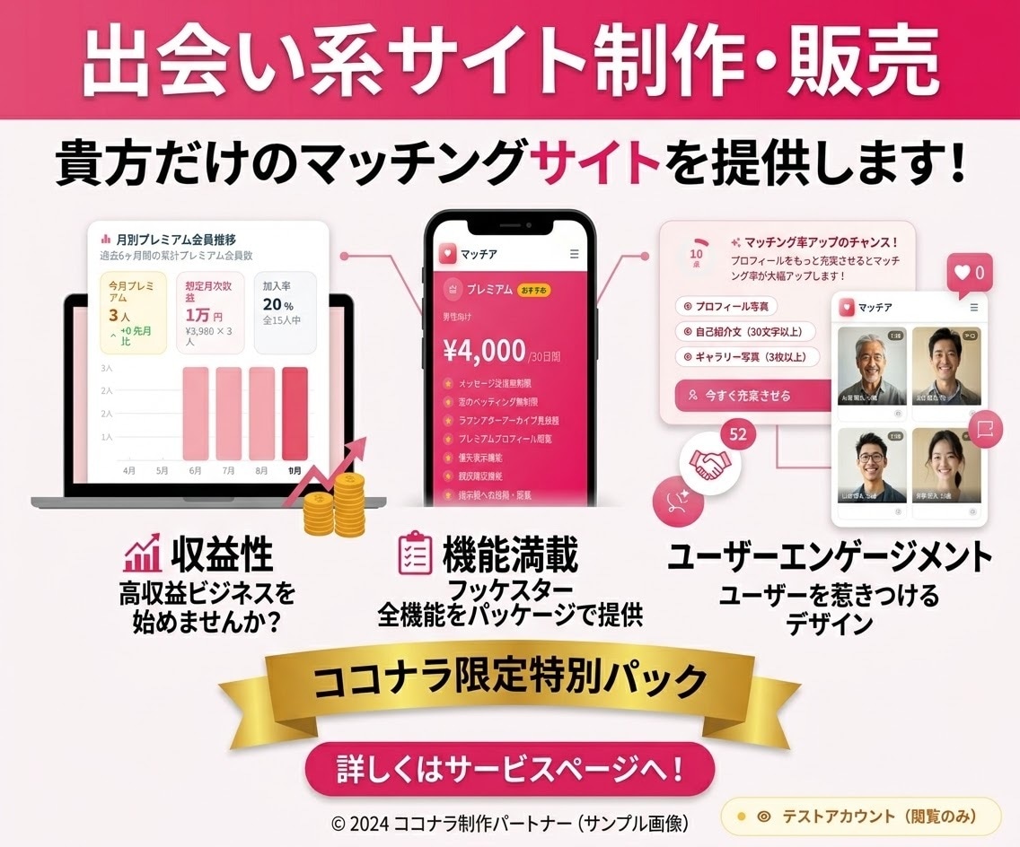 全機能付き出会い系/マッチングサイトを作ります マッチング/チャット/決済/管理画面までの全機能付きです！ イメージ1