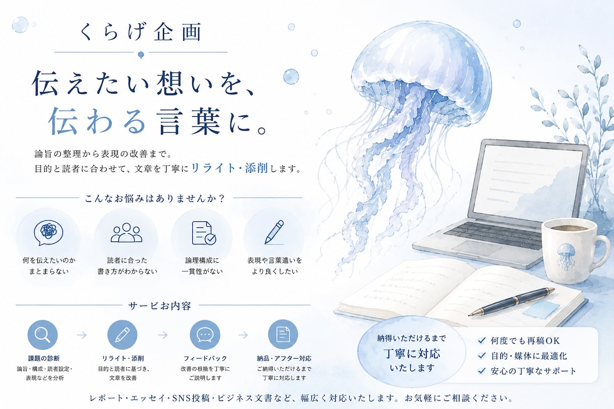 伝わるを最優先に！あなたの文章、リライトします 目的・読者・媒体を確認してから、文章を整えます（〜500字） イメージ1