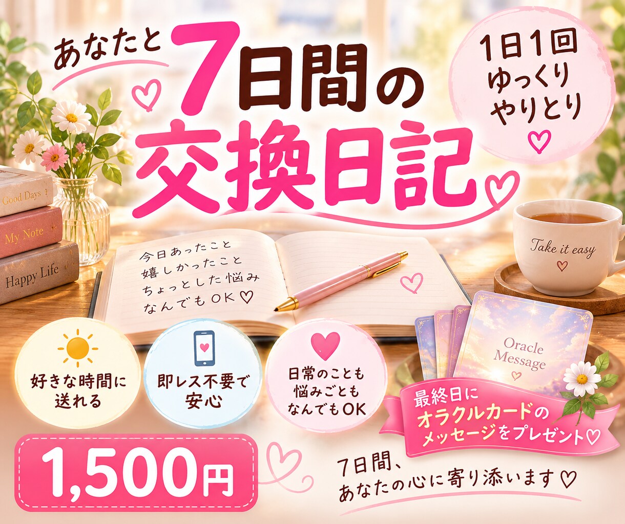 交換日記しませんか？7日間癒しと元気をお届けします 最終日にはオラクルカードからのメッセージをプレゼントします♡ イメージ1