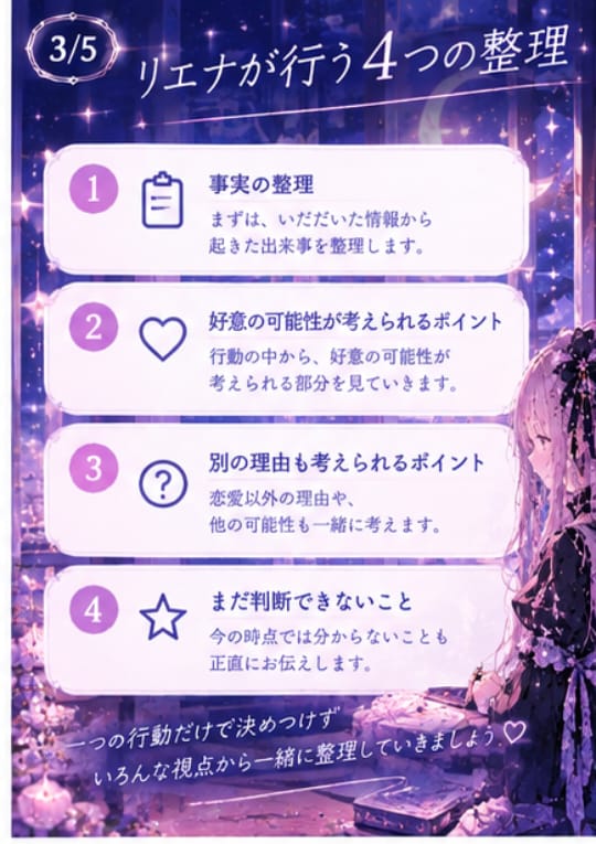 彼の行動から脈ありか一緒に整理します 彼の言葉や行動から恋のサインを一緒に整理します♡ イメージ3