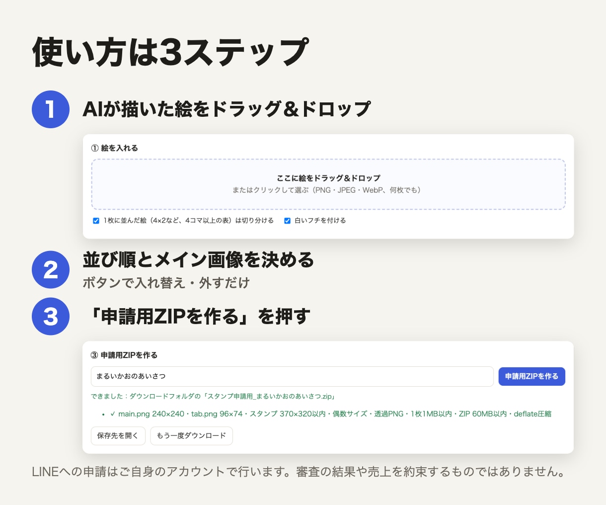AIで描いたスタンプの絵を申請用ZIPに仕上げます 透過・切り分け・白フチ・規格チェック。APIキー不要 イメージ3