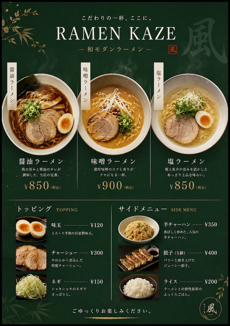 プロ品質のメニュー表デザイン作成します AI活用で3日納品。飲食店向けプロ品質メニュー表デザイン イメージ1