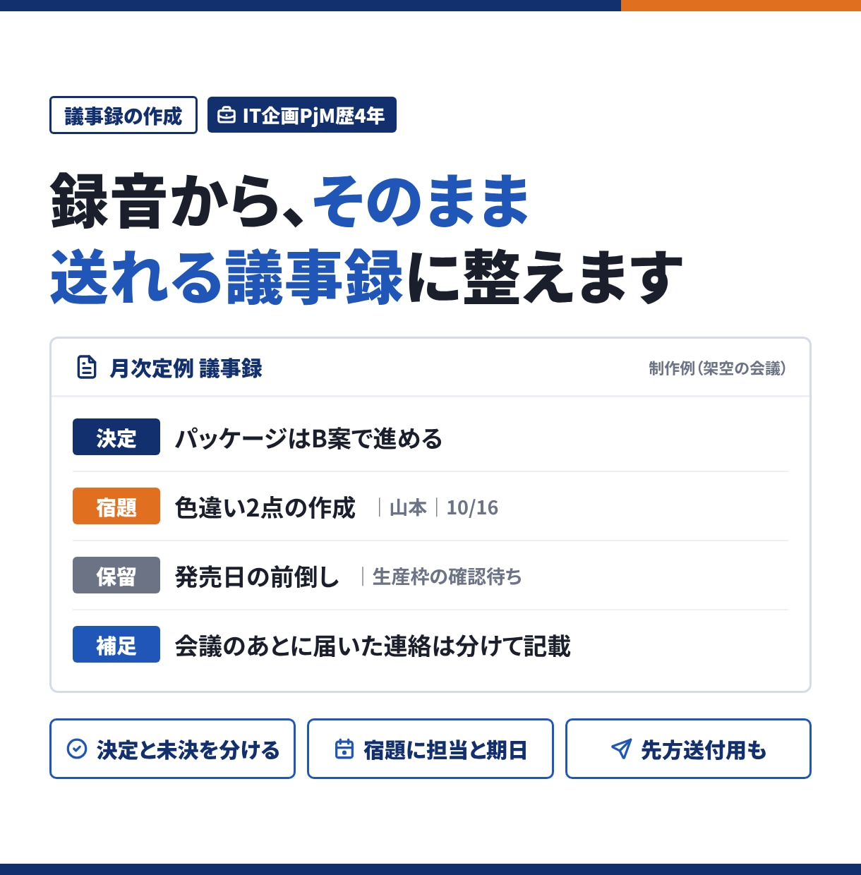 録音や文字起こしを、そのまま送れる議事録に整えます AI要約の誤りも人が確認。決定・宿題・保留を分けて整理 イメージ1