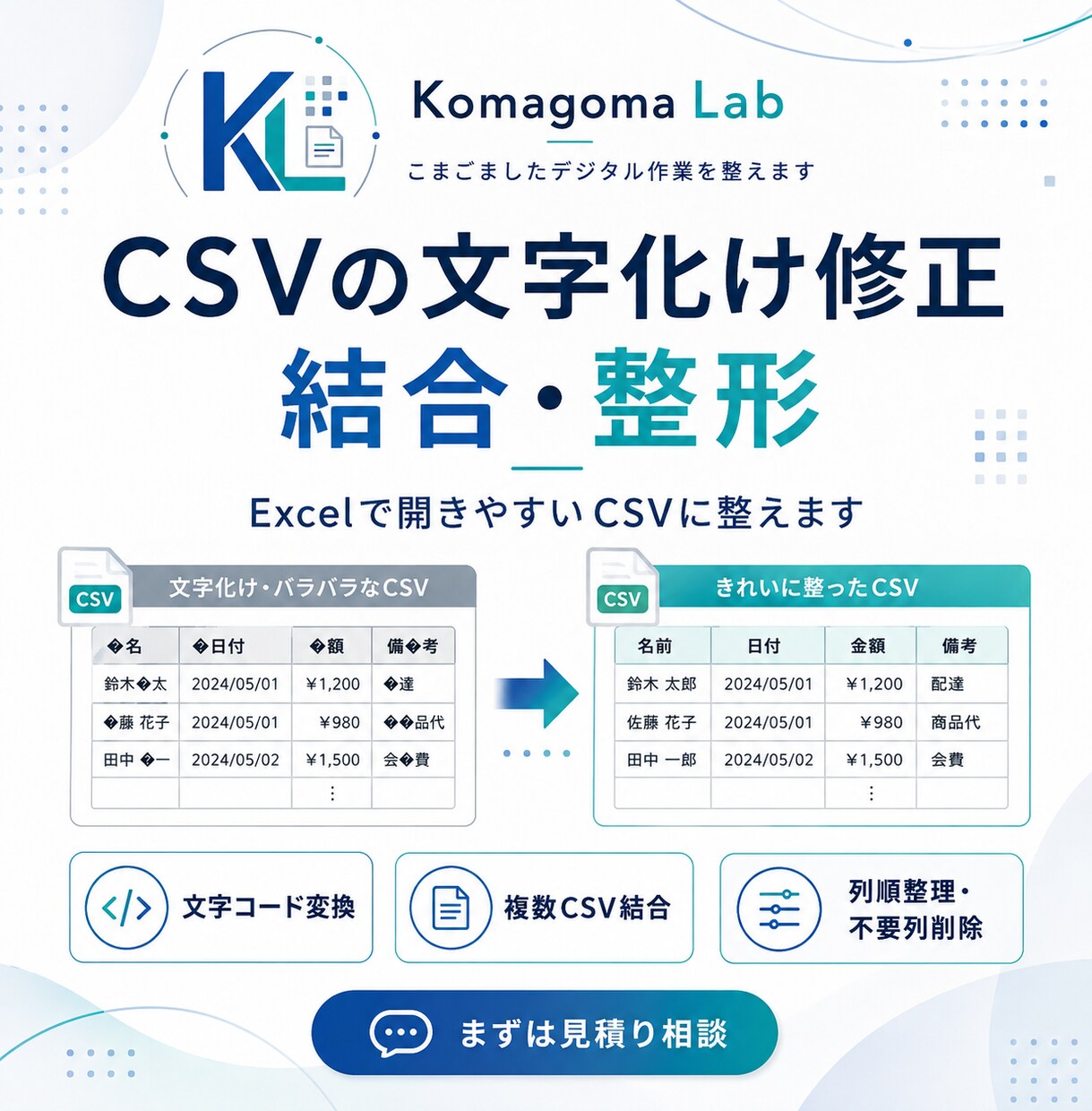 CSVの文字化け修正・結合・整形をします Excelで開きやすいCSVに整えます イメージ1