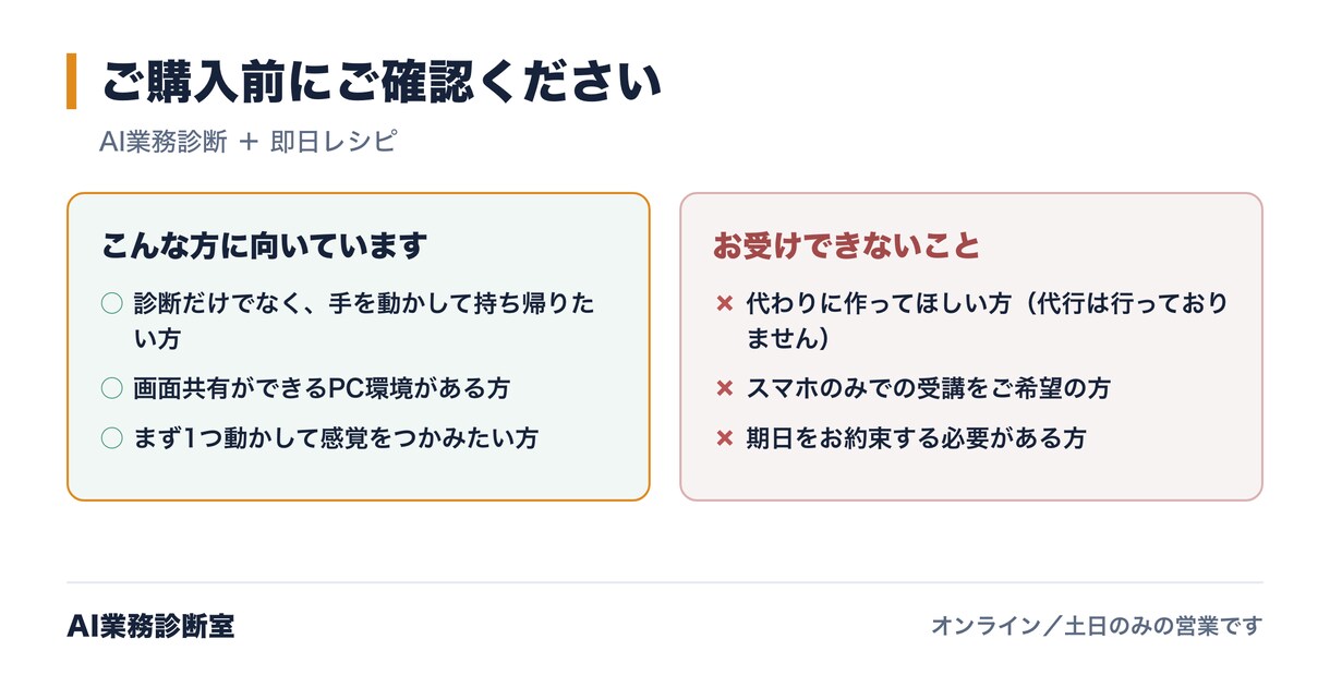 診断で終わりません。その場で1業務をAI化します 今日から使えるあなた専用のAIレシピが手元に残ります イメージ3