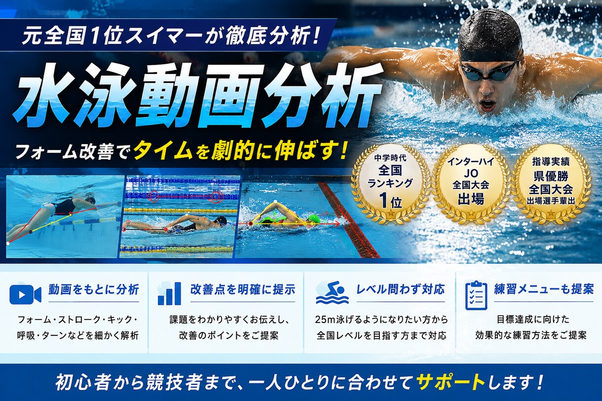 フォーム改善！水泳動画分析します 実績獲得の為期間限定で最低料金で承っております！ イメージ1