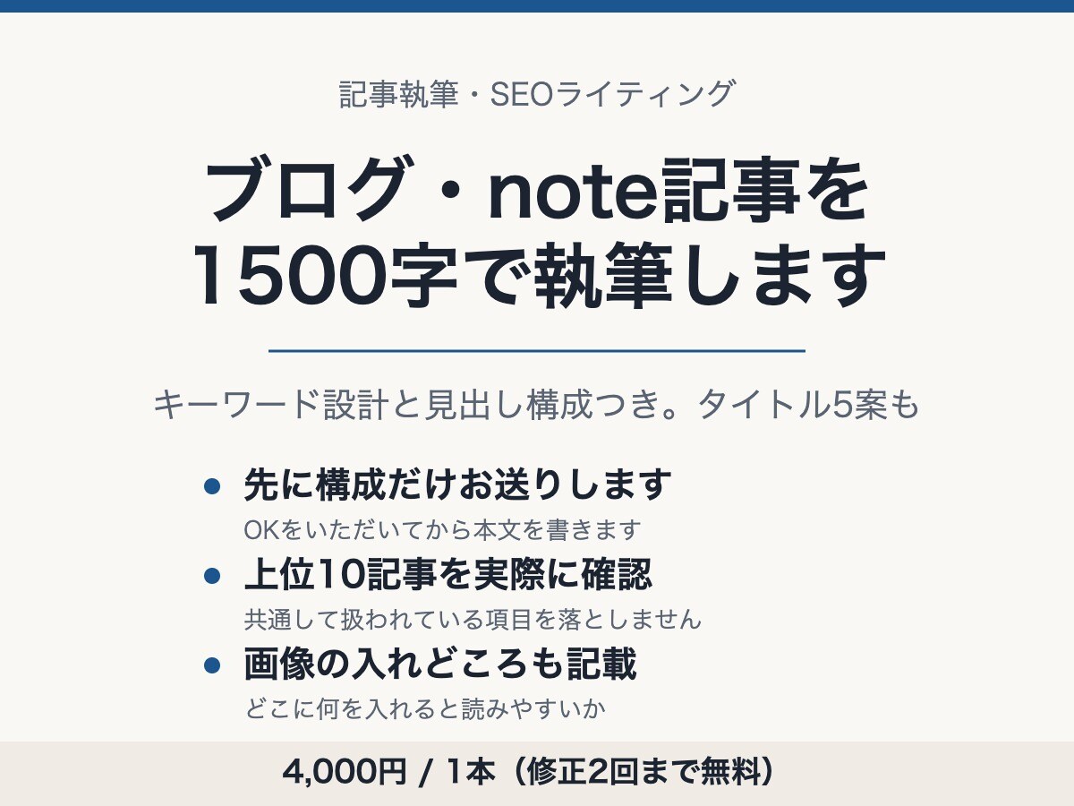 ブログ・note記事を1500字で執筆します キーワード設計と見出し構成つき。タイトル5案も イメージ1