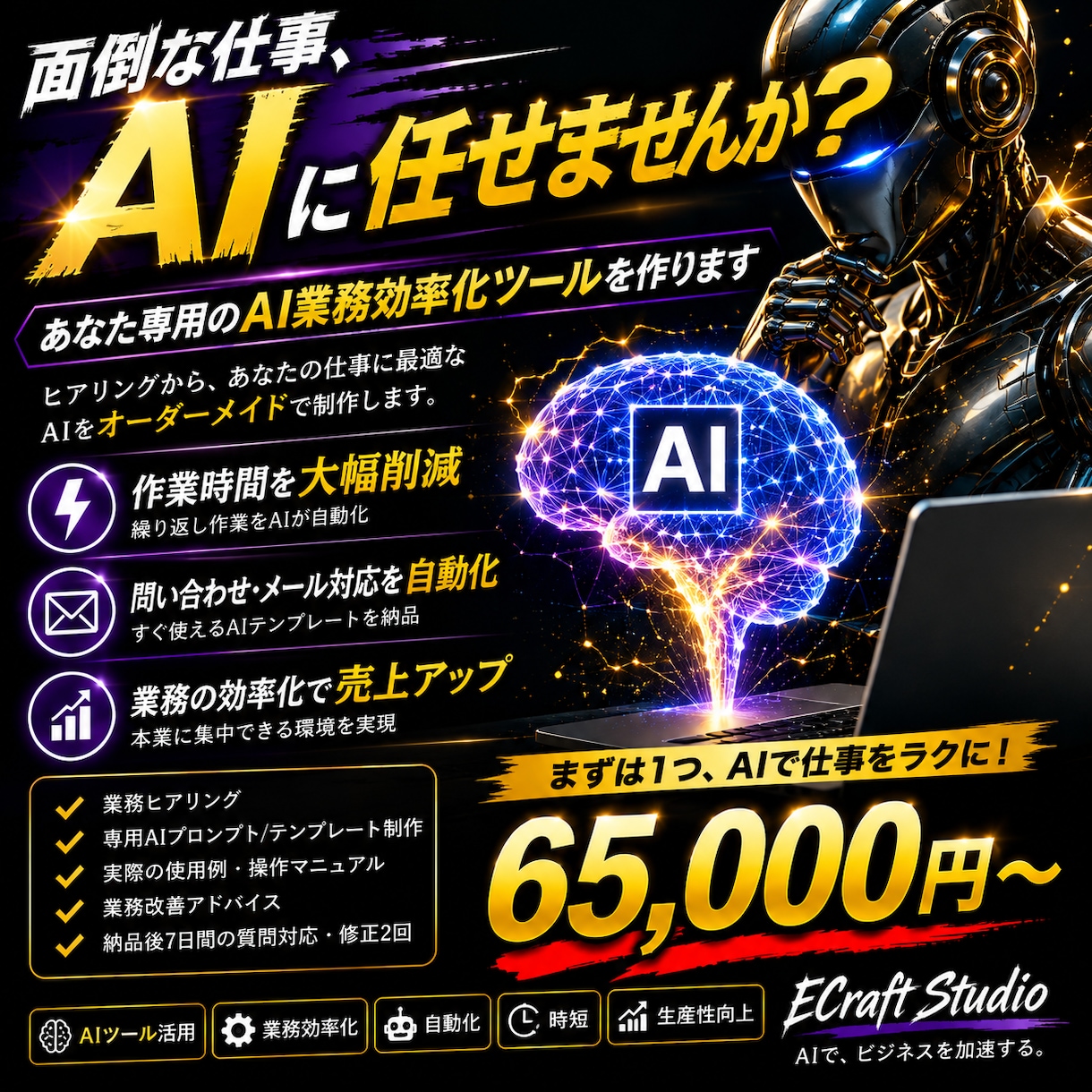 お客様専用のAI業務効率化ツールを作ります 面倒な仕事をヒアリングしてAIで効率化します。 イメージ1