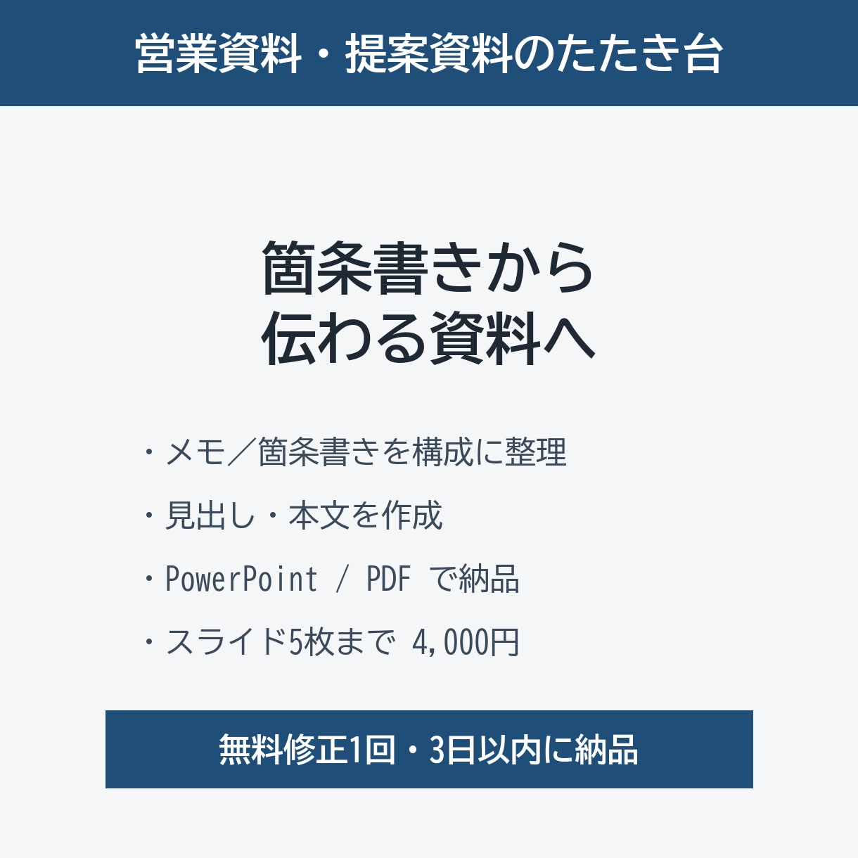 営業資料・提案資料のたたき台を作ります 箇条書きから伝わる資料に整えます イメージ1