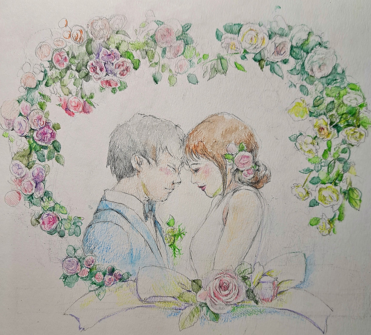 記念の日のお二人を美しい水彩画イラストで残します 薔薇のアーチに囲まれたお二人を水彩色鉛筆の優しい色彩で。