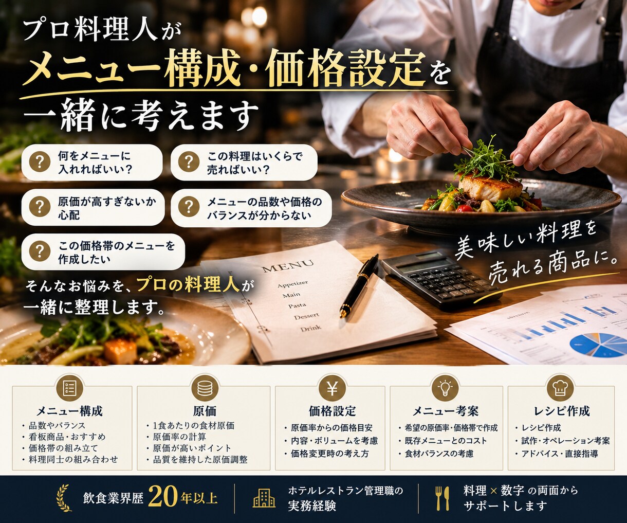 プロ料理人がメニュー構成・価格設定を一緒に考えます 「何を出せばいい？ いくらで売ればいい？」プロの視点で分析！ イメージ1