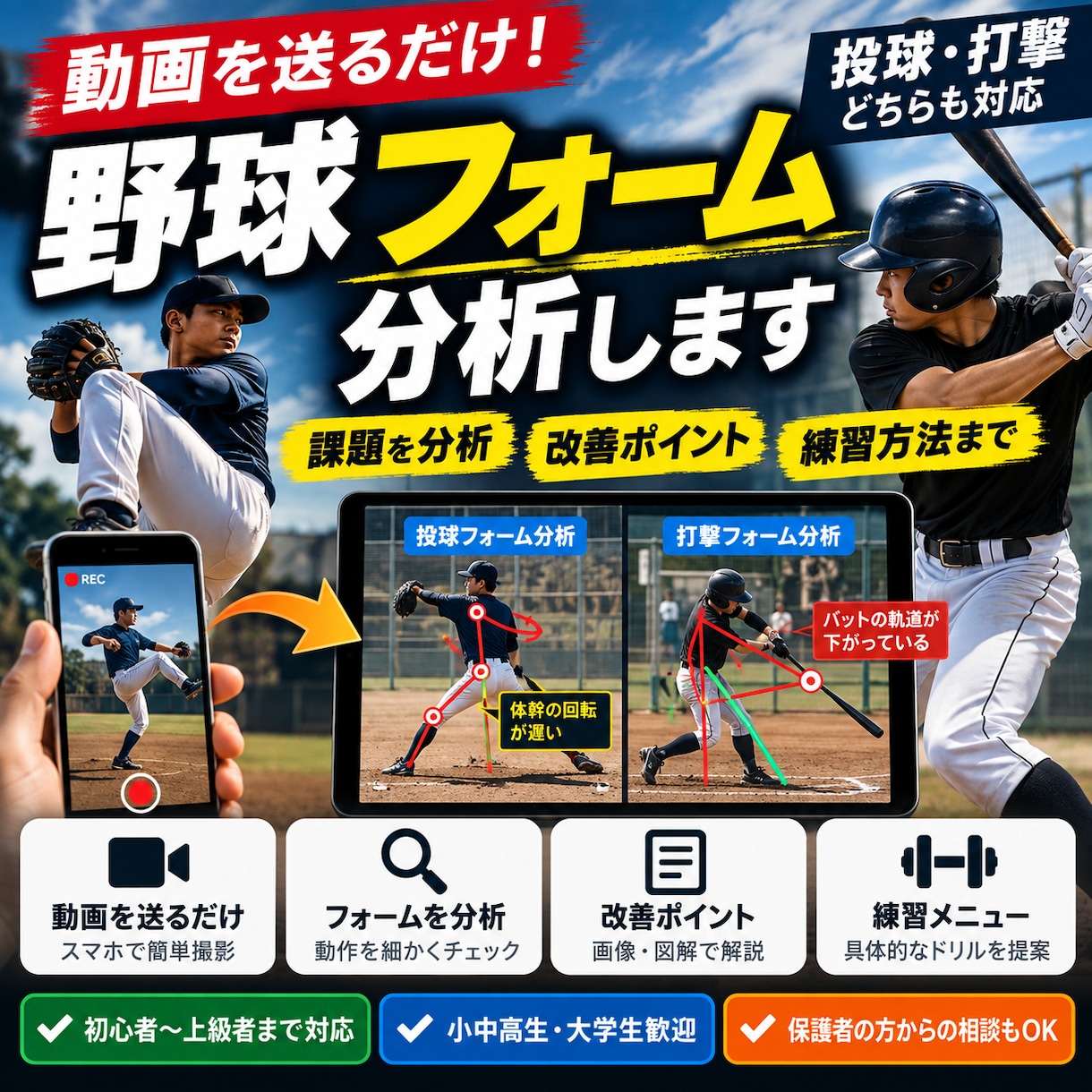 野球の投球・打撃フォームを動画から解析します 課題を分析し改善ポイントを分かりやすく解説！ イメージ1