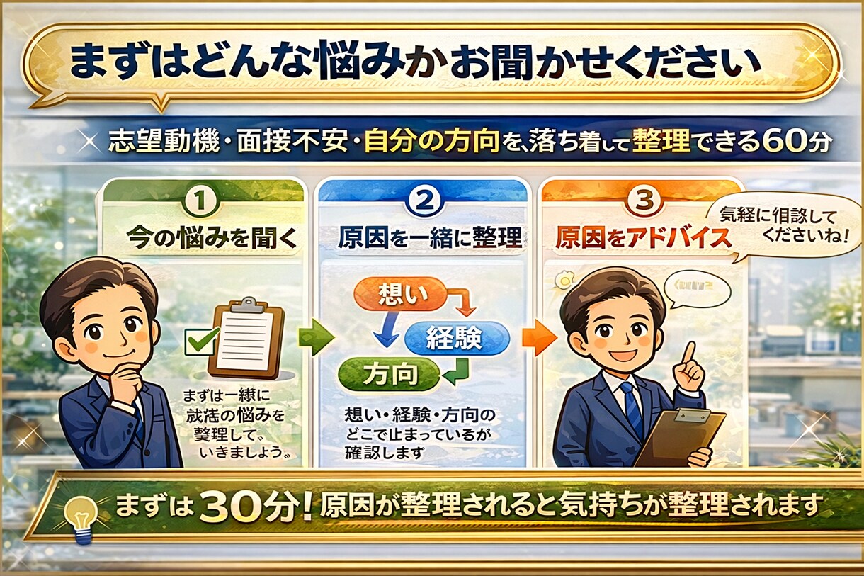 元上場企業人事が就活の悩みを30分で原因整理します まずは短時間で、どこで止まっているのかを整理します。 イメージ3