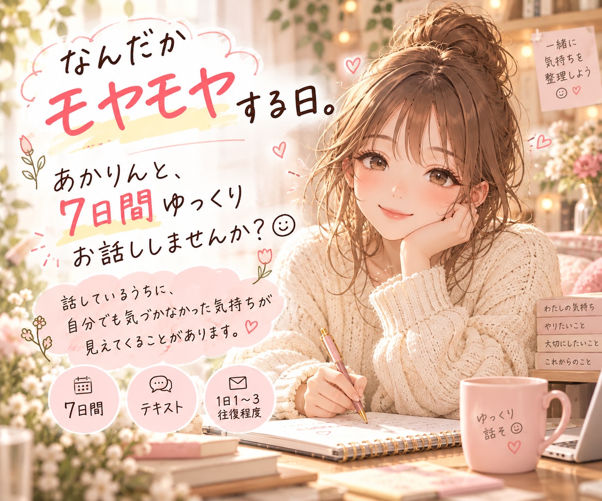 モヤモヤした気持ちを、7日間かけて一緒に整理します 話しているうちに、自分でも気づかなかった気持ちに出会う7日間 イメージ1