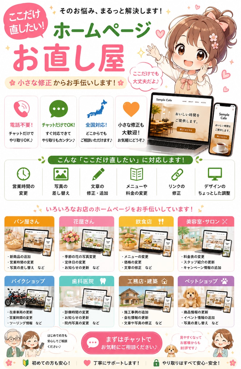 ホームページの「ここだけ直したい」をお手伝いします 「ここだけ直したい！」そんなご相談を大切にしています。 イメージ1