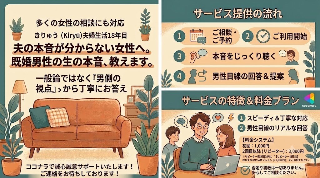 夫や彼氏の気持ちが分からない女性の悩み聴きます 結婚18年目の男の本音で回答！複雑な男性心理に寄り添います イメージ1