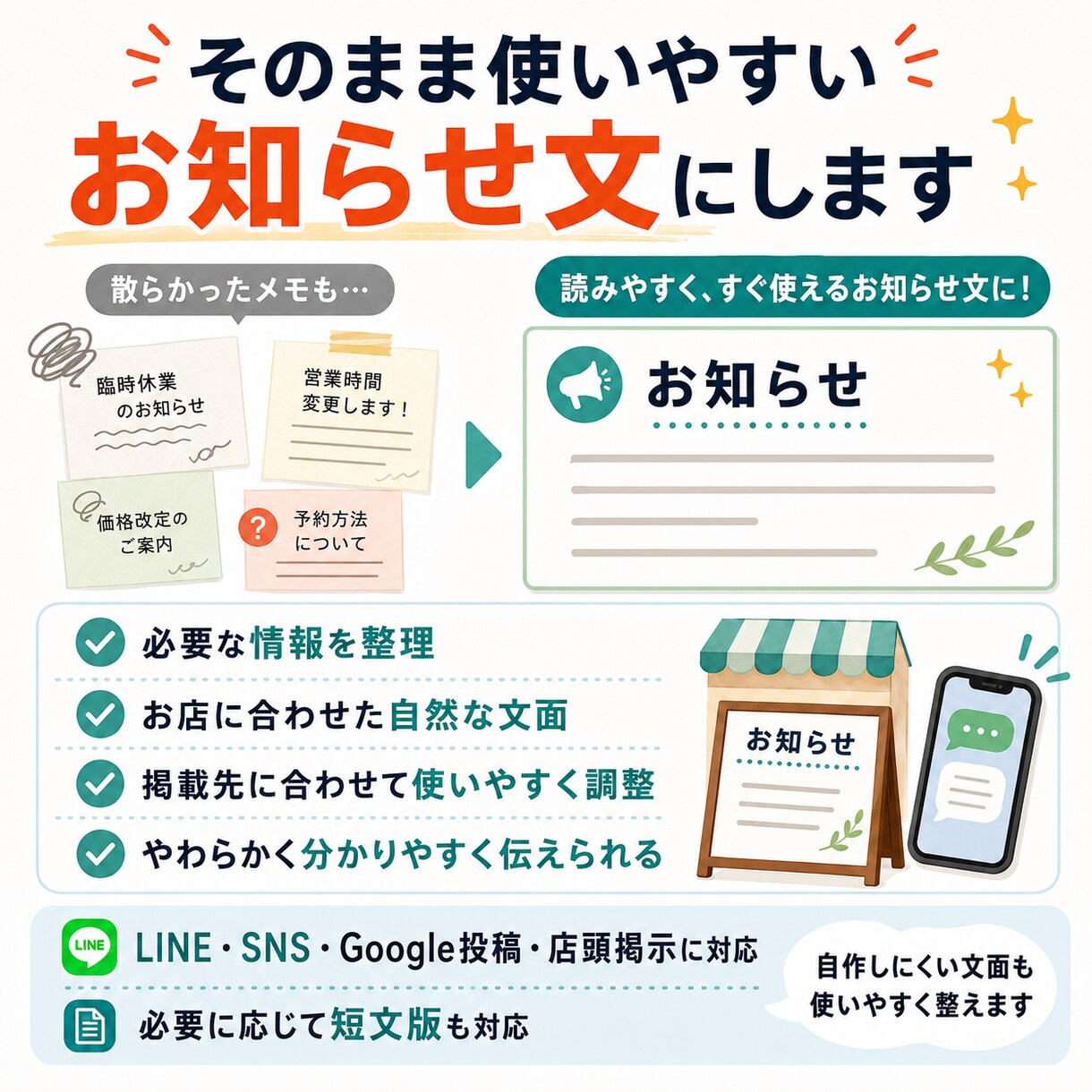 店舗のお客様向け・外部向けお知らせ文を作成します LINE・SNS・店頭掲示にそのまま使える文面へ イメージ3