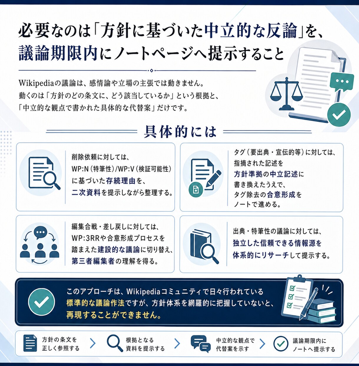 Wikipediaのノート議論で記事を守ります 削除依頼、タグの除去や編集合戦の際にノートで弁論代行します。 イメージ4