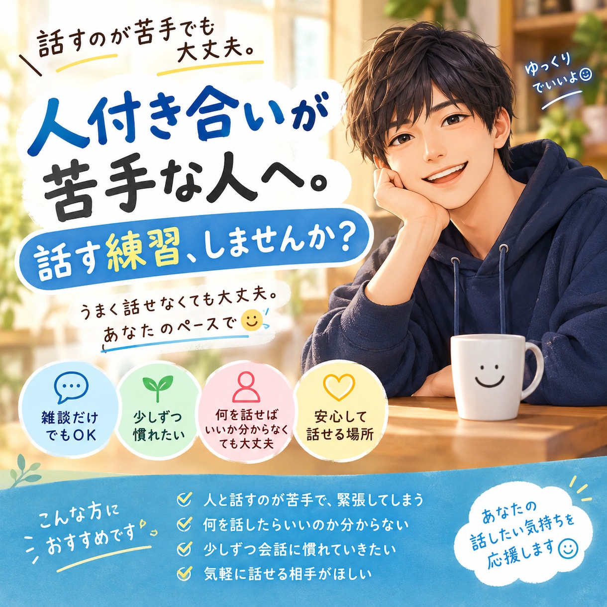 人付き合いが苦手な人へ。会話の練習相手になります うまく話せなくても大丈夫。あなたのペースで！ イメージ1