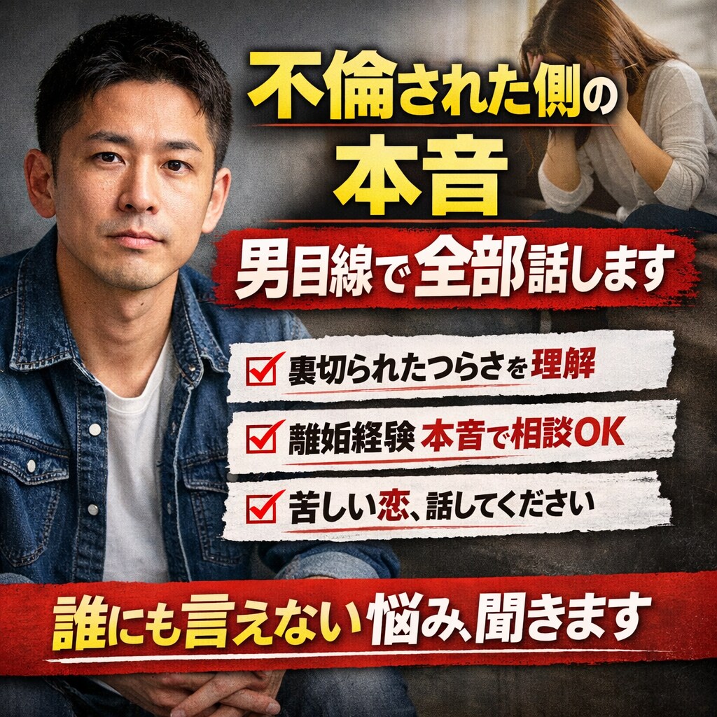 あなたの誰にも言えない恋愛相談親身に寄り添います 不倫された側の本音男目線で全部話します苦しい恋離婚の相談OK イメージ1