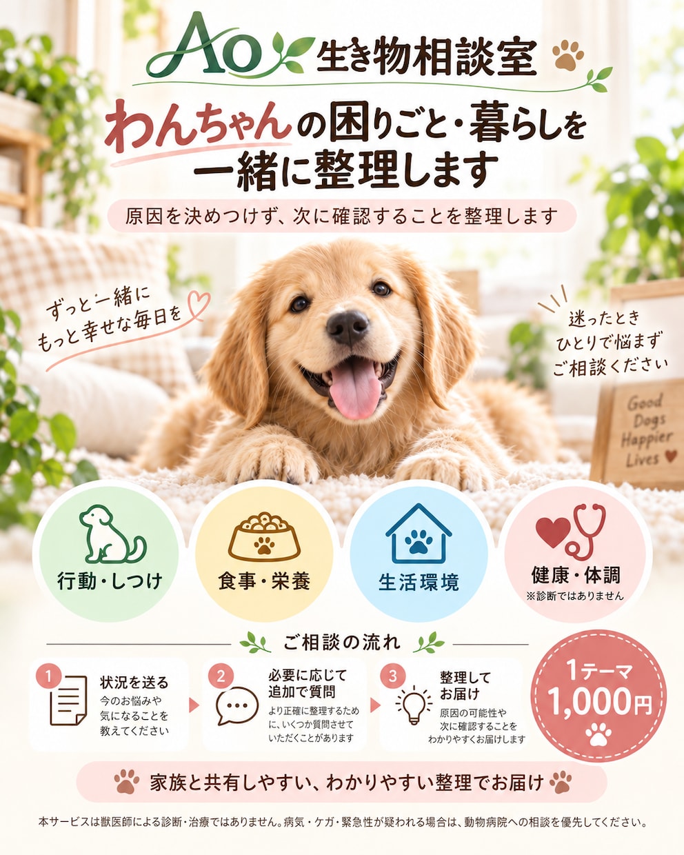 愛犬の困りごと・行動変化を一緒に整理します 原因を決めつけず、次に確認することを整理します イメージ1